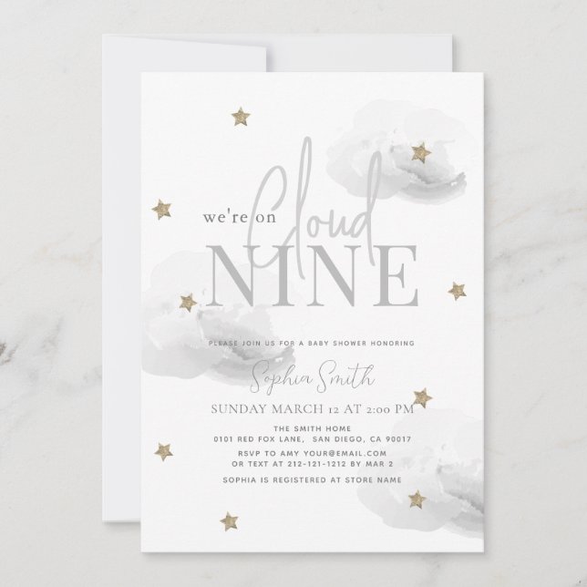 Invitation Cloud 9 Gold Stars Aquarelle Gris Baby shower (Devant)