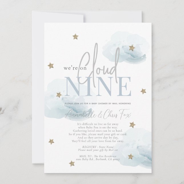 Invitation Cloud 9 Gold Stars Baby shower garçon par courrier (Devant)
