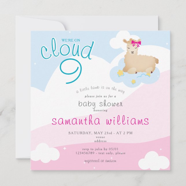 Invitation Cloud 9 Petit Lamb rose Baby shower de printemps f (Devant)
