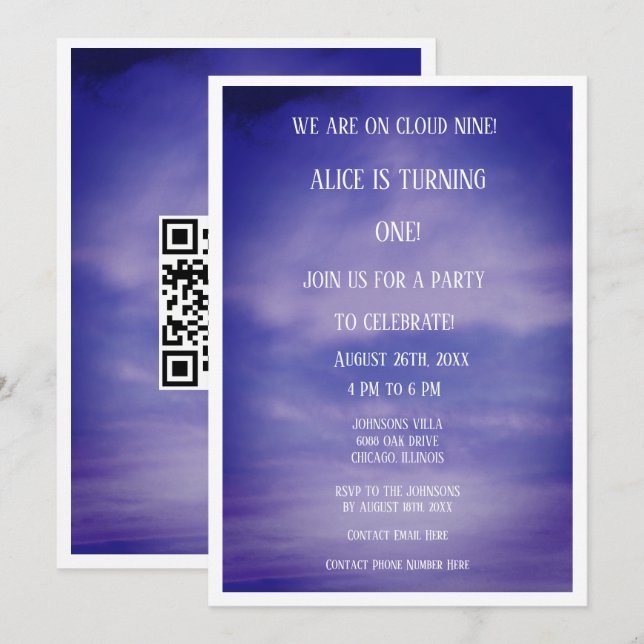 Invitation Cloud Neuf Garçons Filles 1er Anniversaire QR Code (Devant / Derrière)