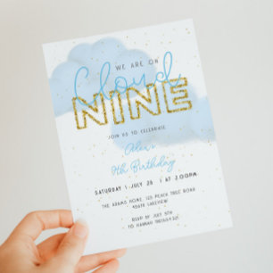 Invitation Cloud Nine Blue & Gold Boy 9e fête d'anniversaire