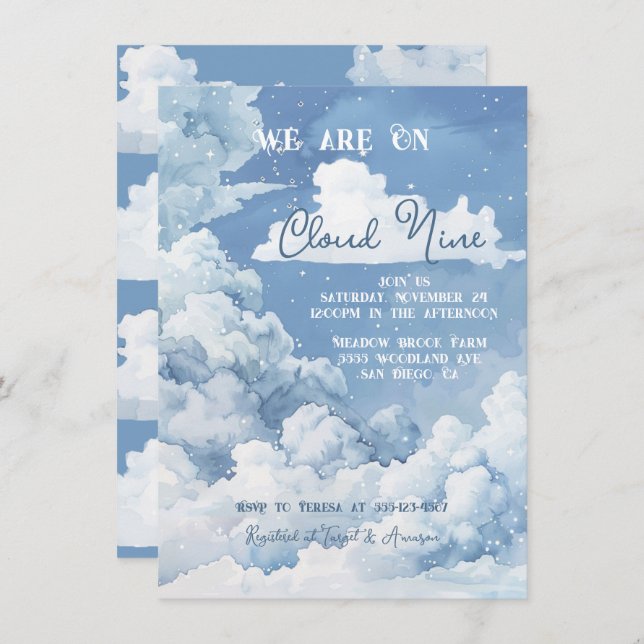Invitation Cloud Nine Sky baby shower (Devant / Derrière)