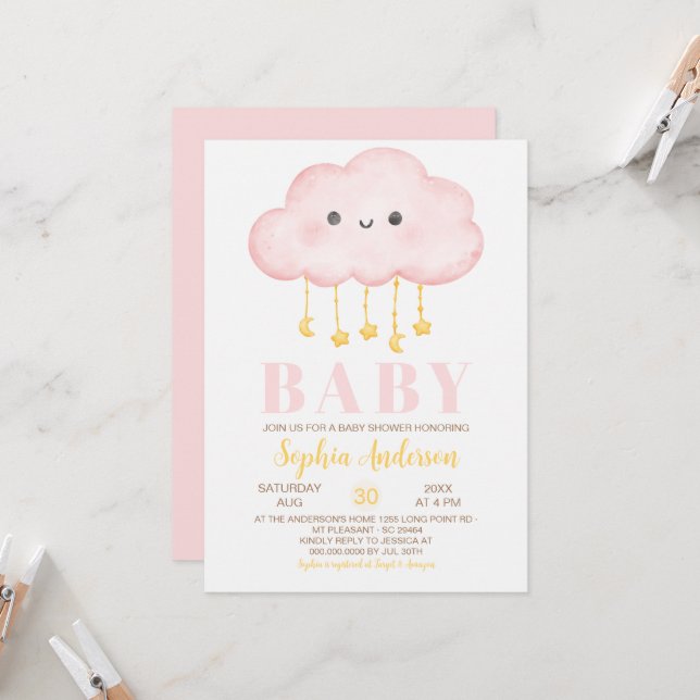 Invitation Cloud rose Baby shower fille (Devant/Arrière en situation)