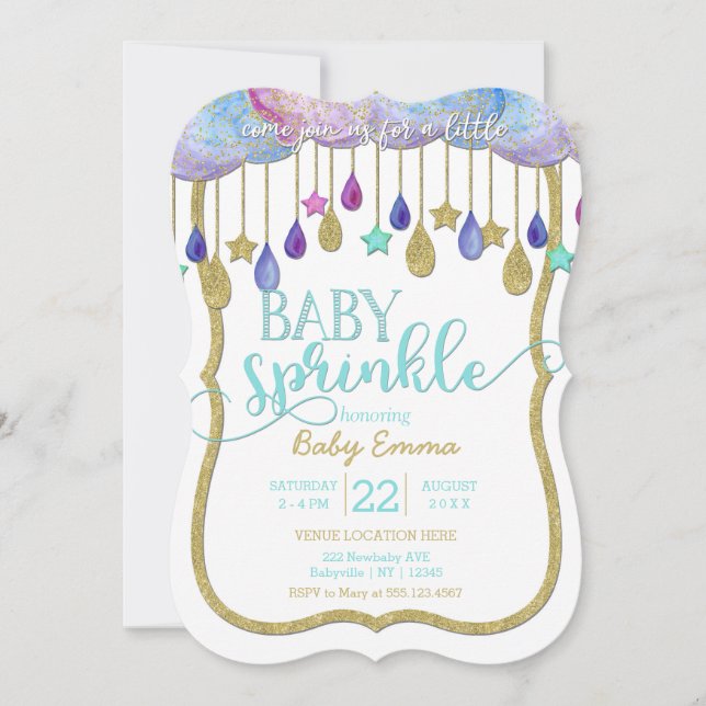 Invitation Clouds Gold Stars Saupoudrer Baby shower Invitatio (Devant)