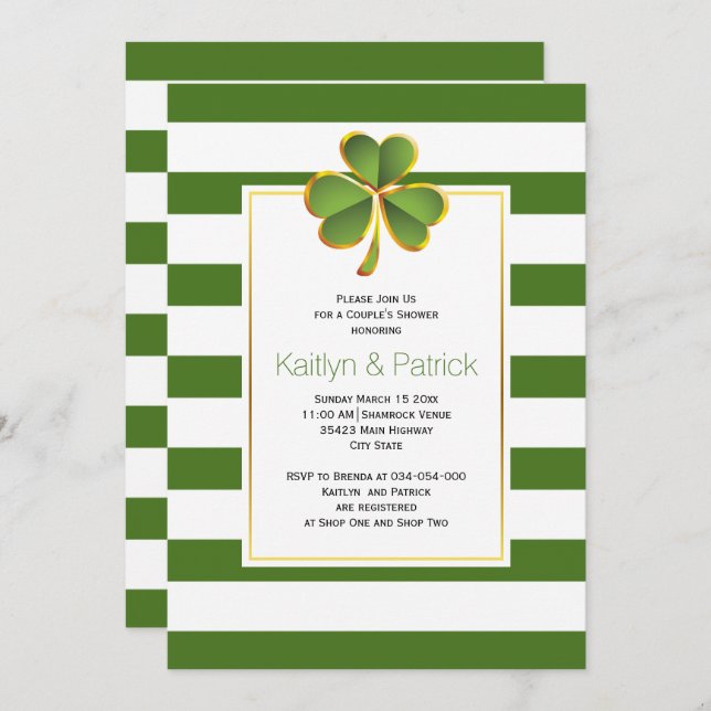 Invitation Clover, rayures vertes Irlandais mariage couples d (Devant / Derrière)