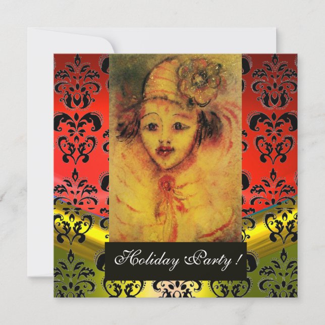 Invitation CLOWN EN JAUNE, ROUGE, BLACK DAMASK MONOGRAM Gem (Devant)
