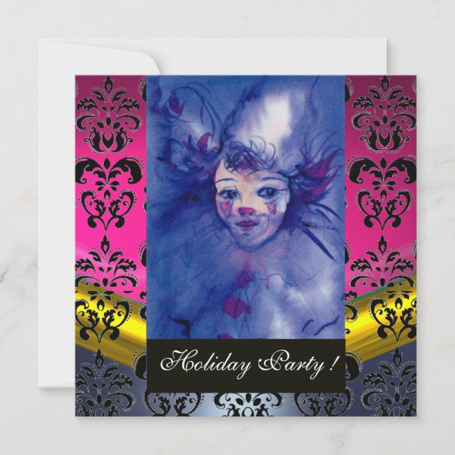 Invitation CLOWN EN PURPLE ROSE, BLACK DAMASK MONOGRAM bleu (Devant)