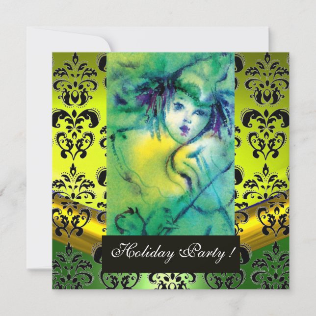 Invitation CLOWN EN VERT, JAUNE, BLACK DAMASK MONOGRAM Gem (Devant)