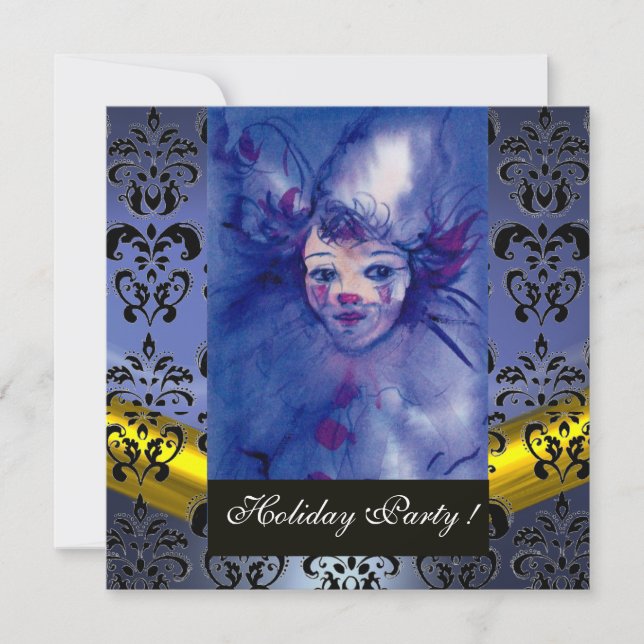 Invitation CLOWN IN PURPLE, BLACK DAMASK MONOGRAM bleu topaz (Devant)