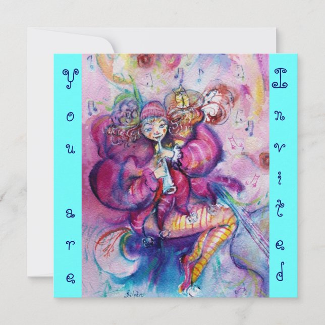 Invitation CLOWN MUSICAL, bleu rose turquoise bleu (Devant)