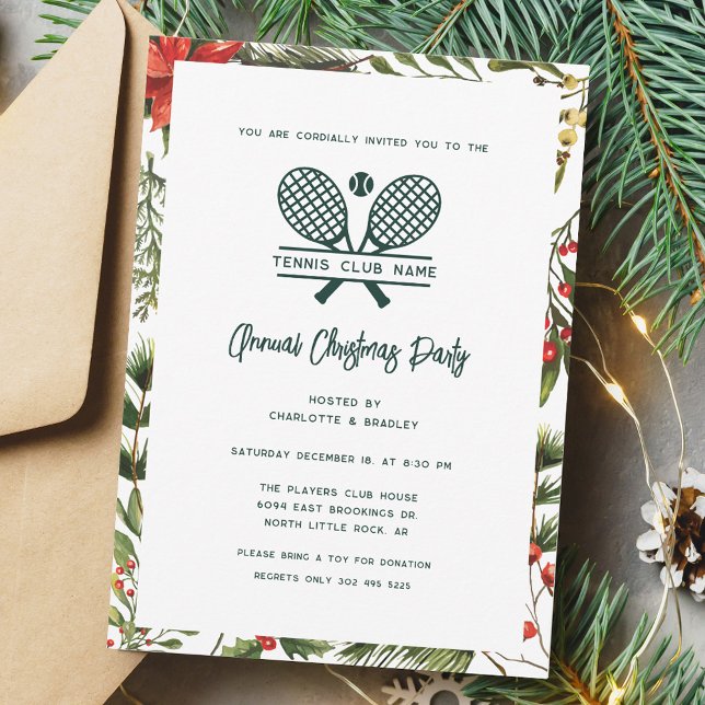 Invitation Club de tennis Green Red Berries fête de Noël (Tennis Country Club Annual Christmas Party Invitation)