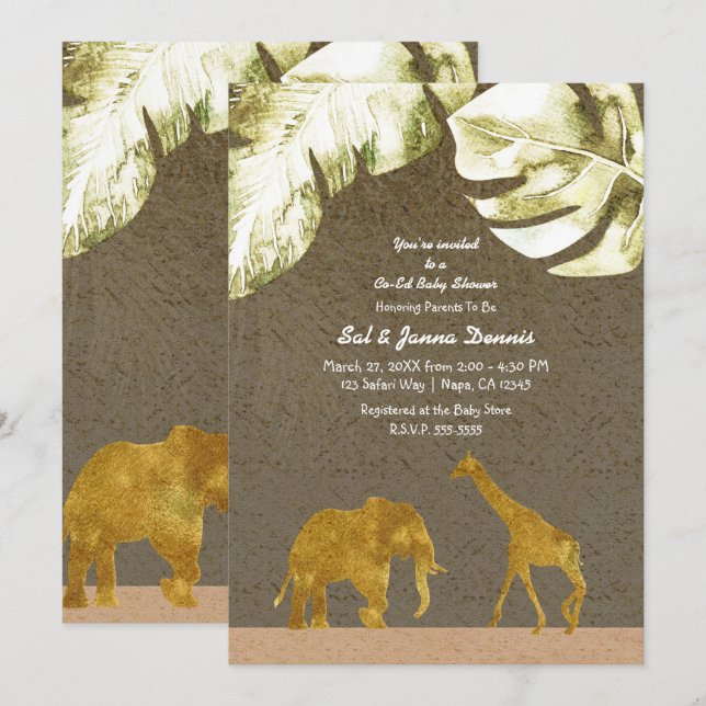 Invitation Co-ed Baby shower Gold Safari Jungle Animaux (Devant / Derrière)
