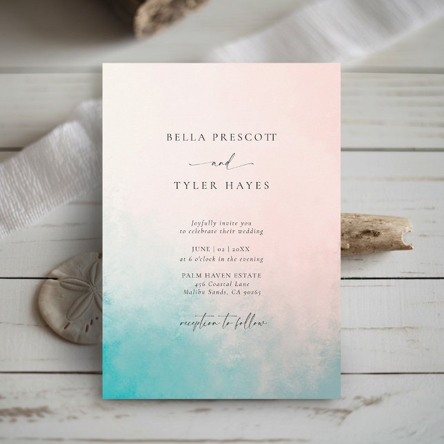 Invitation Coastal Abstract Coral Blue Ocean Elegant Wedding (Coastal Wedding Invitation Coral Teal Modern Abstract Minimalist Elegant Beach Ocean Tropical Chic)