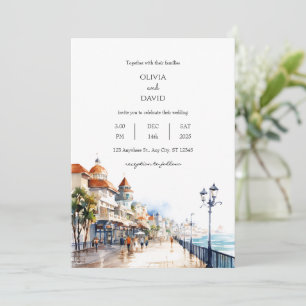 Invitation Coastal Beach Boardwalk Town City Scene mariage