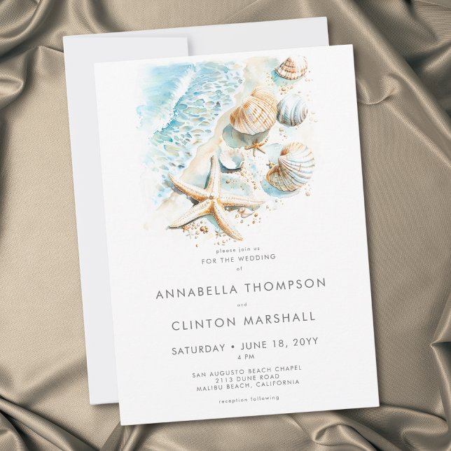 Invitation Coastal Beach Shell Modern Watercolor Wedding (Coastal Beach Shell Modern Watercolor Wedding Invitation)