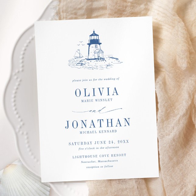 Invitation Coastal Blue Toile Lighthouse Wedding (Créateur téléchargé)