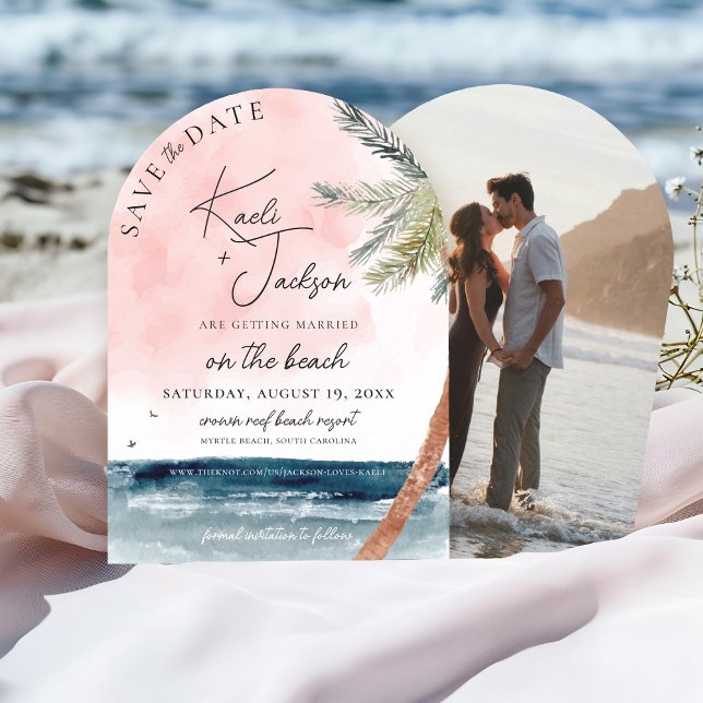 Invitation Coastal Chic Beach Photo Wedding Enregistrer la da (Tropical beach watercolor palm trees navy ocean pink sunset photo wedding arch save the date)