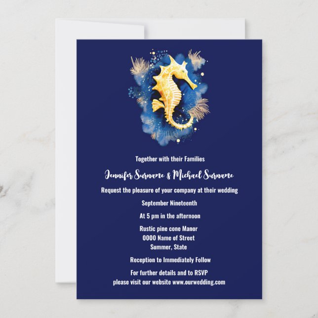 Invitation Coastal chic | bleu orange seahorse 3D océan plage (Devant)