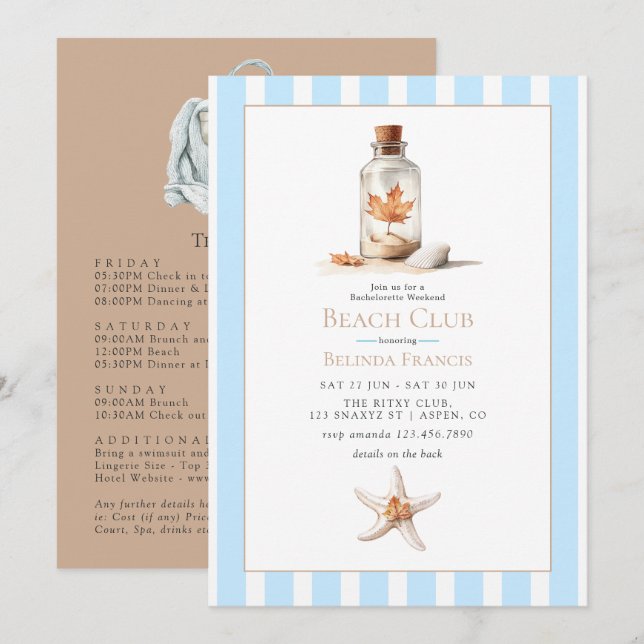 Invitation Coastal Chic Fall Beach Club Bachelorette Weekend (Devant / Derrière)