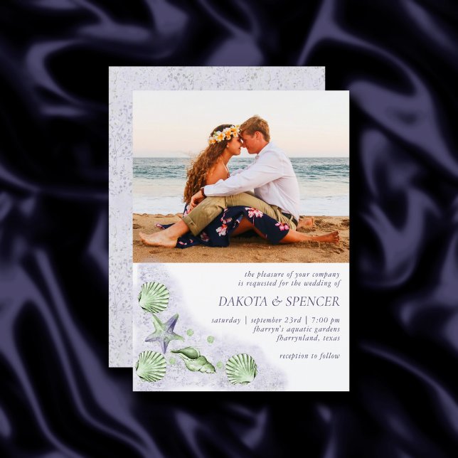 Invitation Coastal Chic | Photo de Mariage vert pourpre et ci (Créateur téléchargé)