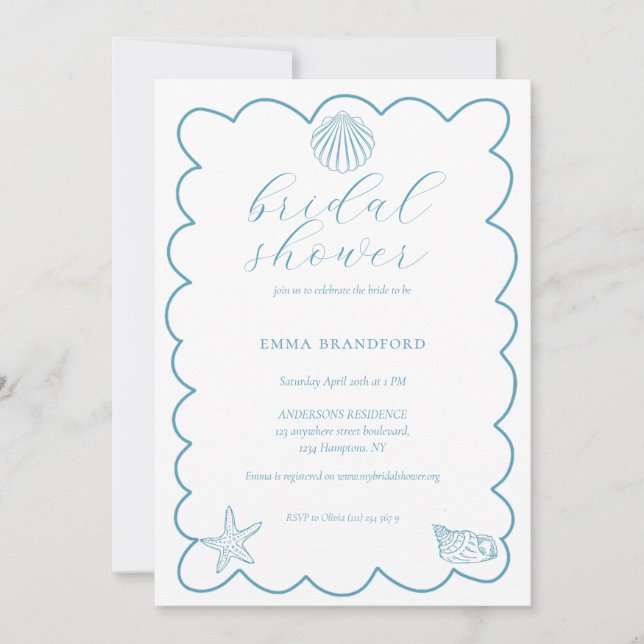 Invitation Coastal Doodle Blue White Bridal Shower  (Devant)