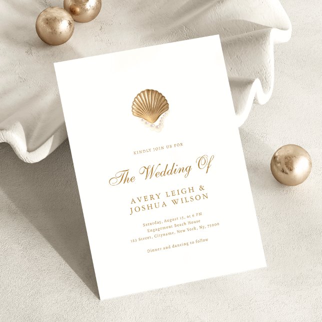 Invitation Coastal Gold Seashell & Pearls Beach Wedding (Créateur téléchargé)