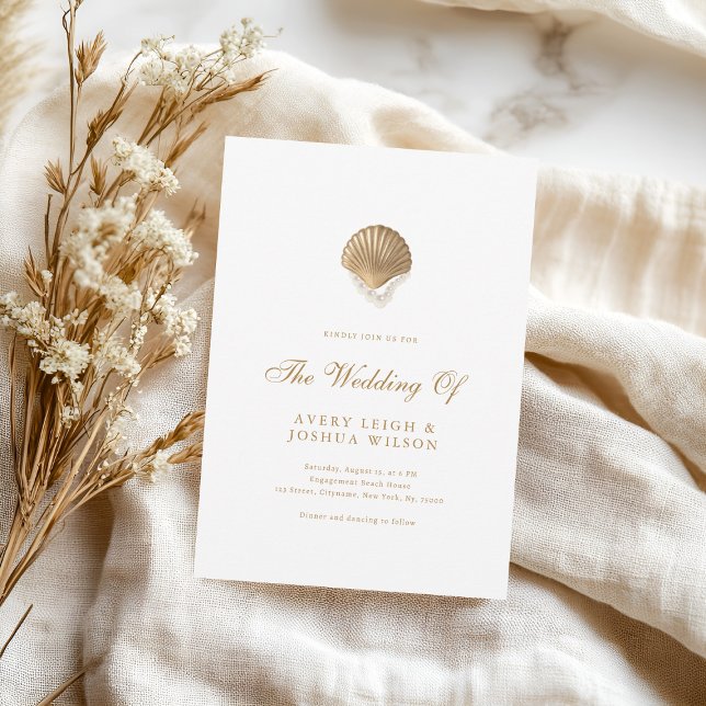 Invitation Coastal Gold Seashell & Pearls Beach Wedding (Créateur téléchargé)