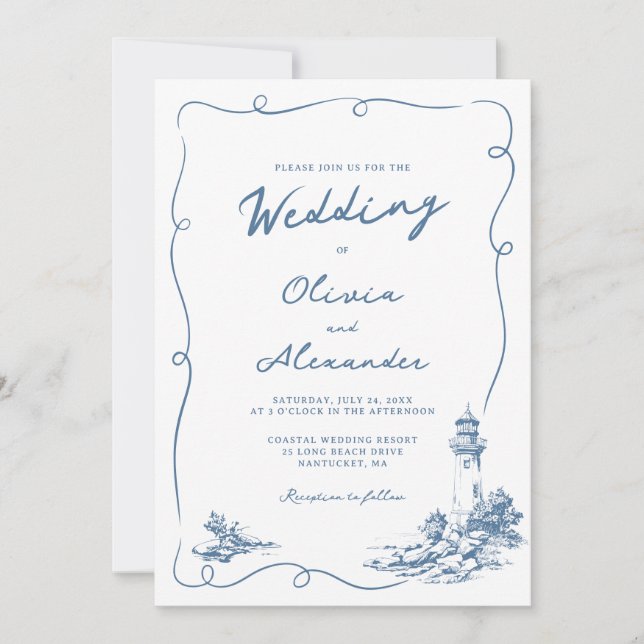Invitation Coastal Hand Drawn Whimsical Lighthouse Wedding  (Devant)