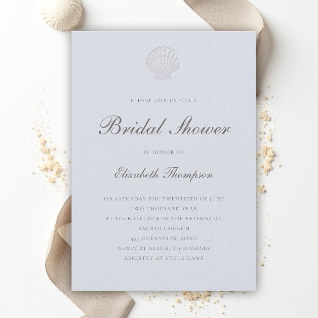 Invitation Coastal Nautical Shell Formal Blue Bridal Shower (coastal bridal shower invitation formal modern classic elegant script shell blue nautical ocean boat)