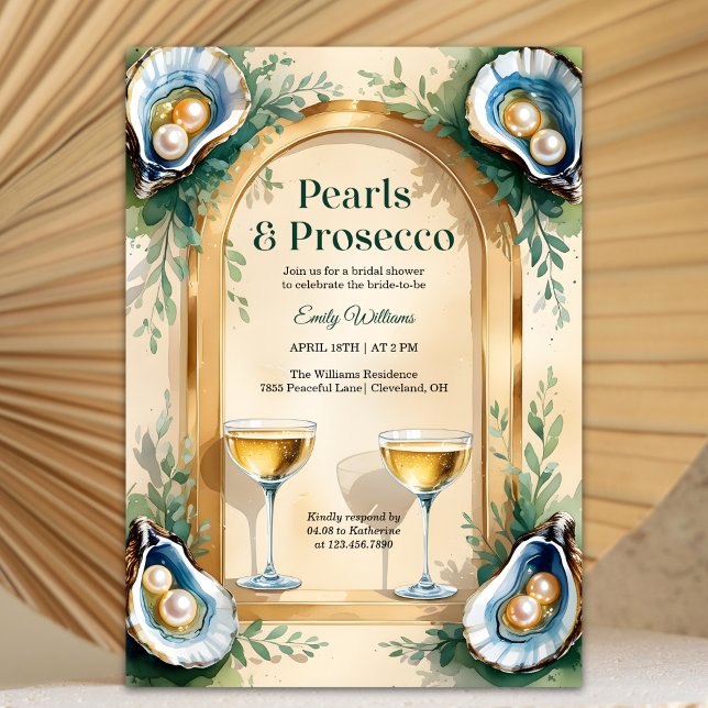 Invitation Coastal Oyster Pearls & Prosecco Bridal Shower (Pearls & Prosecco Bridal Shower – Coastal Oyster, Champagne Coupes, Gold Arch, Personalized)