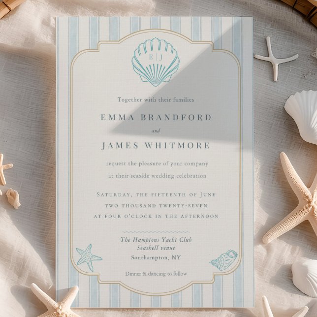 Invitation Coastal Seashell Monogram Nautical Striped Wedding (Créateur téléchargé)