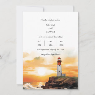 Invitation Coastal Sunset Waves Lighthouse Beach Mariage