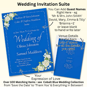 Invitation Cobalt Bleu et blanc Roses Mariage