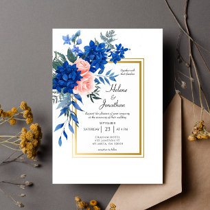 Invitation Cobalt Bleu Rose Or Floral Élégant Mariage