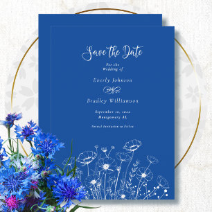 Invitation Cobalt Blue Blanc Floral Enregistrer la Date Maria