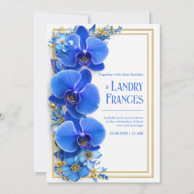 Invitation Cobalt Blue Gilded Orchid Botanical Wedding (Devant)