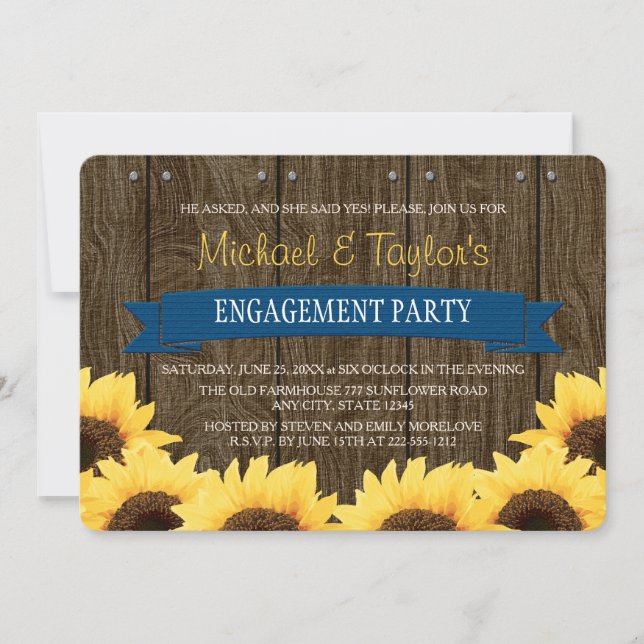 INVITATION COBALT BLUE RUSTIC SUNFLOWER ENGAGEMENT PARTY (Devant)