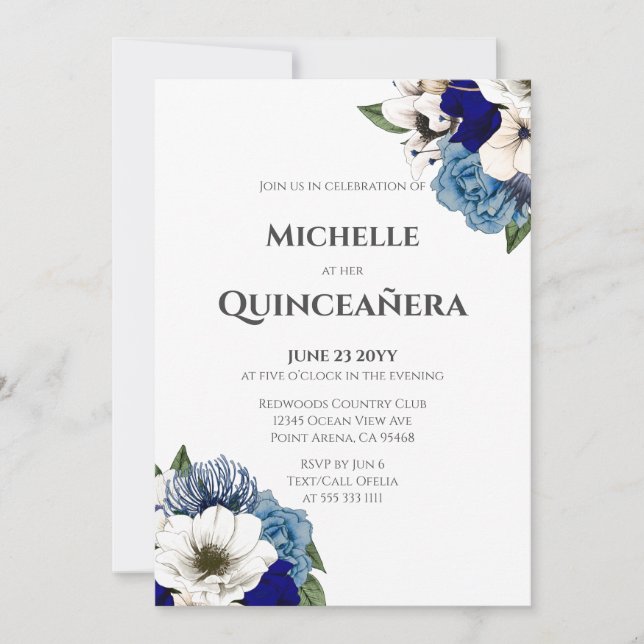 Invitation Cobalt Dusty Bleu Aquarelle Florale Quinceañera (Devant)
