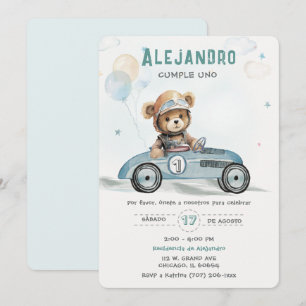 Invitation Coche de Carreras Osito Bebé Primer Cumpleaños