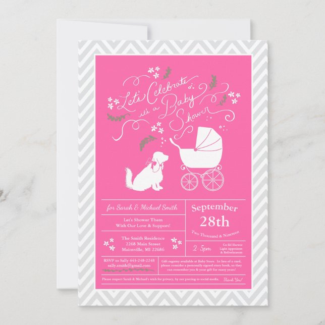 Invitation Cocker Spaniel Chien Baby shower fille rose (Devant)