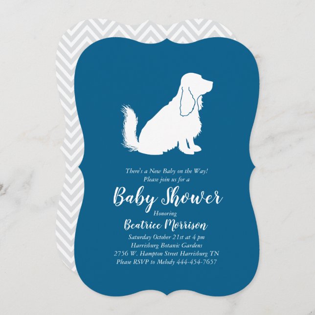 Invitation Cocker Spaniel Chien Baby shower Garçon Bleu (Devant / Derrière)