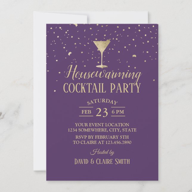 Invitation Cocktail à la maison Élégant Purple & Or (Devant)