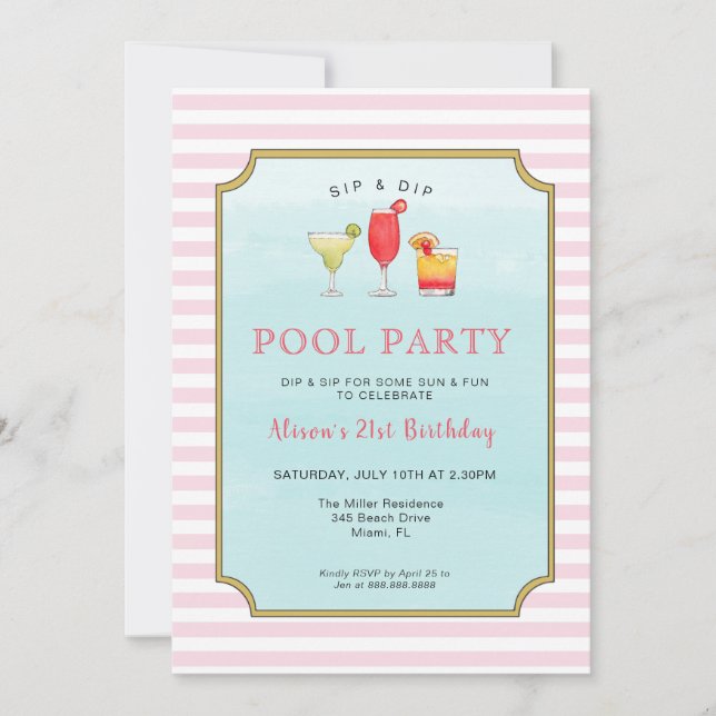 Invitation Cocktail Adulte Été Anniversaire Piscine Fête (Devant)