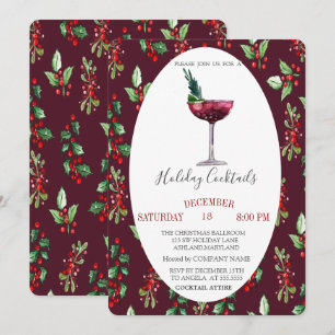 Invitation Cocktail aquarelle baie de houx Noël