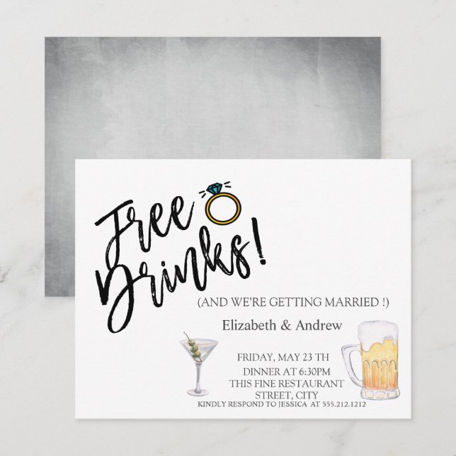 Invitation Cocktail Aquarelle, Bière, Boissons Gratuites Mari (Devant / Derrière)