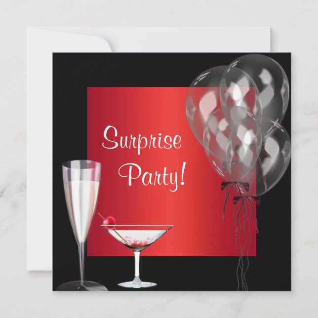 Invitation Cocktail Ballons Rouge Surprise fête d'anniversair (Devant)