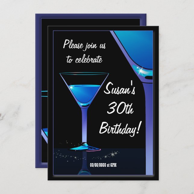 Invitation Cocktail Blue Martini fête d'anniversaire (Devant / Derrière)