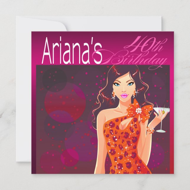 Invitation Cocktail d'anniversaire Pretty Lady fuchsia/orange (Devant)