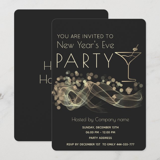 Invitation Cocktail de bokeh ondulé or le réveillon du Nouvel (Devant / Derrière)