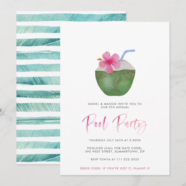 Invitation Cocktail de noix de coco Adultes Tropical Pool Par (Devant / Derrière)